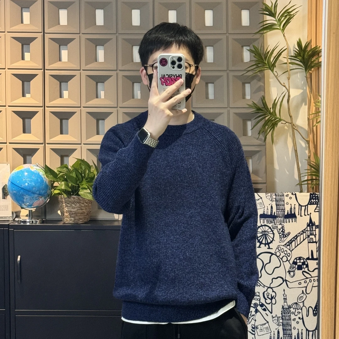 ALV-全毛系列-夹花色元宝针插肩袖款-加厚粗针圆领男士羊毛衫