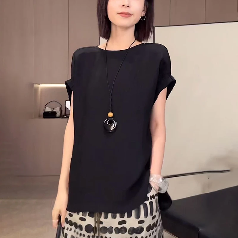 时尚减龄黑色圆领衬衫2025夏季新款女别致设计感醋酸气质上衣