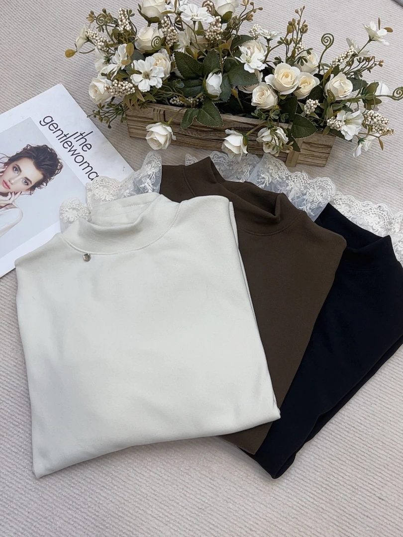 洋气加绒打底衫时尚极简风秋冬百搭白色潮牌女装打底衫半高领上衣