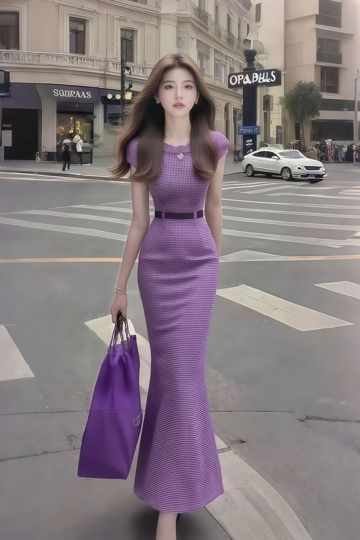 时尚新款小众轻奢高级紫色修身圆领收腰包臀连衣裙女显瘦气质长裙