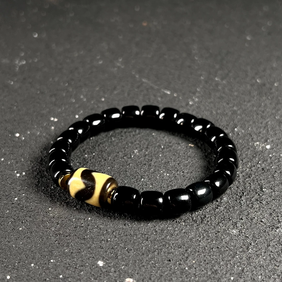 台珠 上肯 S级 牙黄 牙牙天珠 天珠手串 黑玛瑙手串