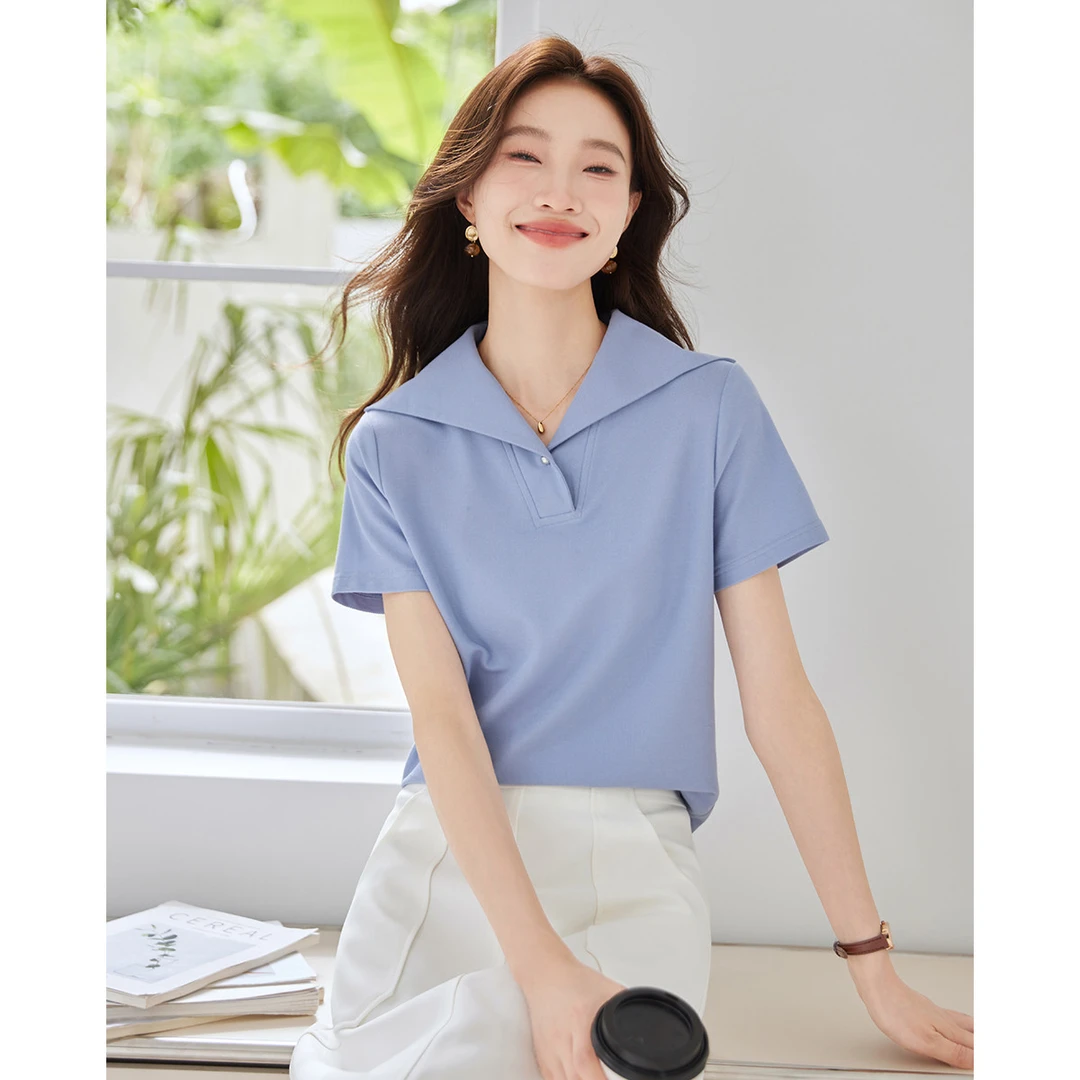 洋气翻领棉质t恤夏季女式气质优雅纯色短袖体恤衫显瘦减龄上衣