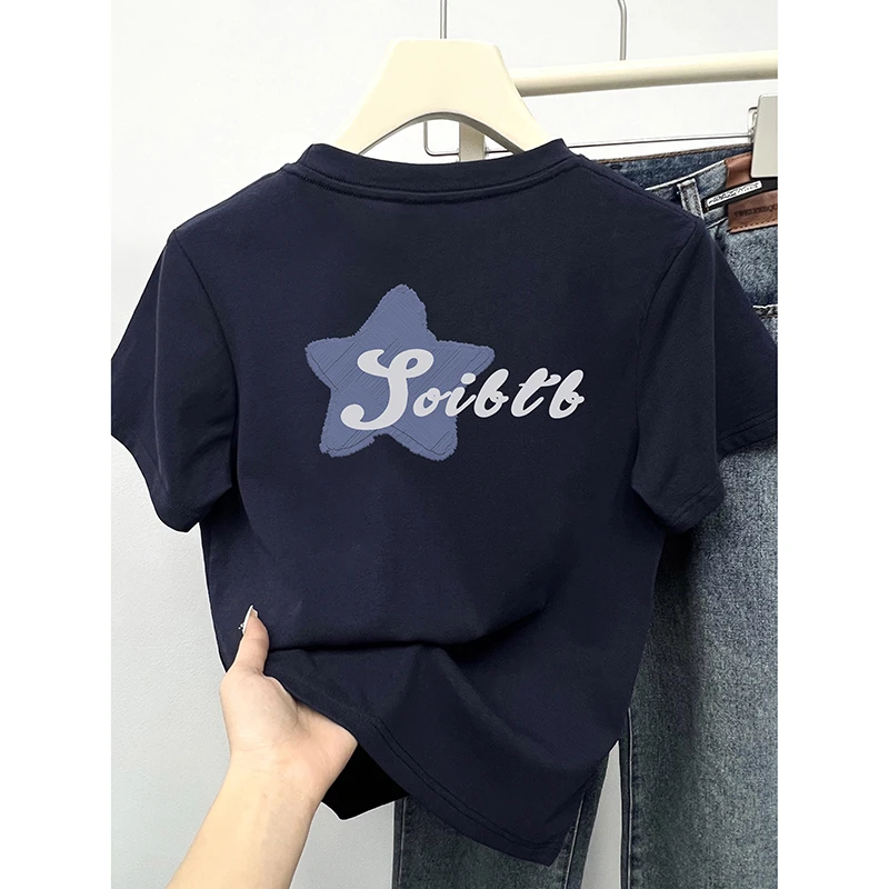 显瘦正肩短袖t恤女装2025新款韩版时尚洋气休闲百搭印花圆领上衣