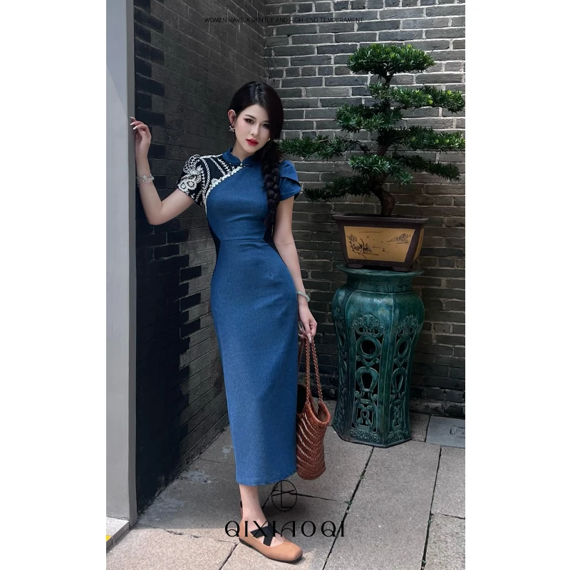 七小七Sicily【南洋旧梦】新中式蓝色气质小众连衣裙女夏季显瘦百搭