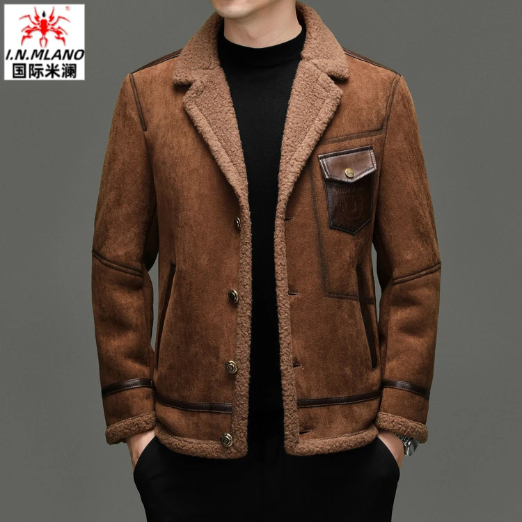 皮毛一体海宁夹克男外套男翻领秋冬男士短款时尚休闲潮流青年加绒