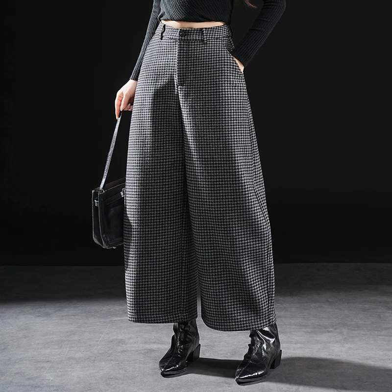 秋冬加绒新款千鸟格毛呢九分休闲裤高腰宽松阔腿裤显瘦百搭弯刀裤