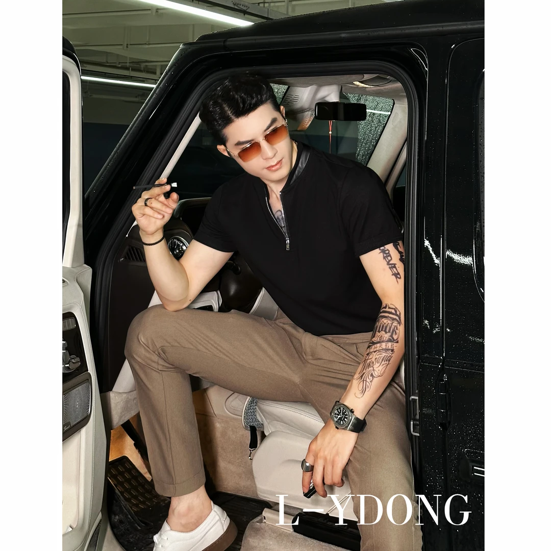 L-YDONG【质感拼皮】夏季痞帅拼皮轻奢设计感修身百搭男T恤7510