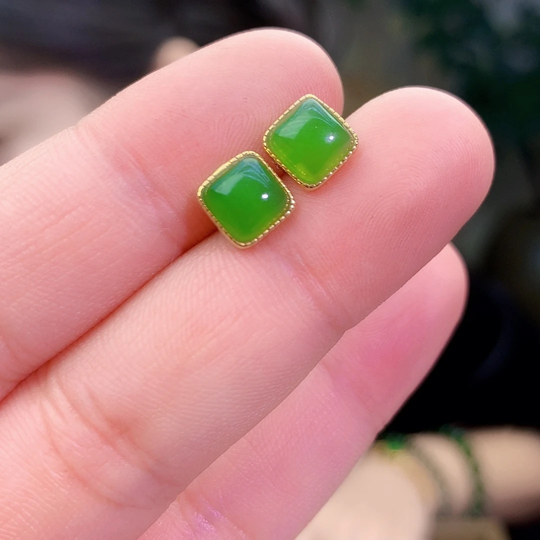 吊坠(不含链)银S925镶嵌和田玉（碧玉）耳钉