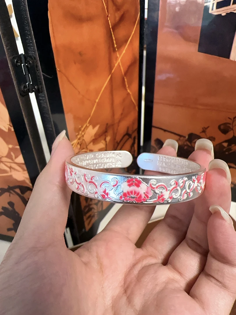 足银银制品 A56珐琅彩牡丹胡手镯开口款