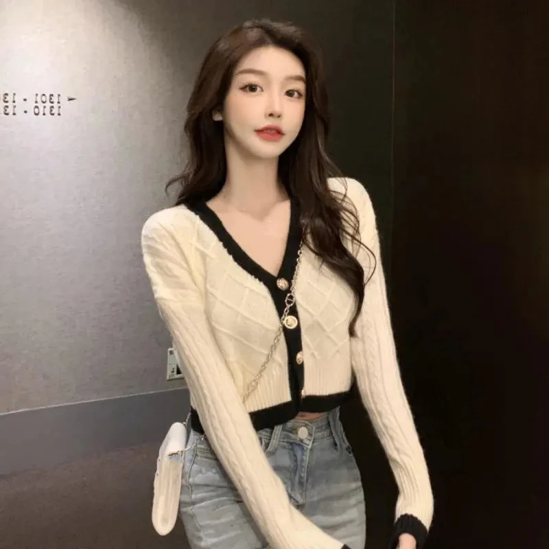 秋季打底衫内搭小香风短款高级感毛衣女V领针织开衫独特上衣