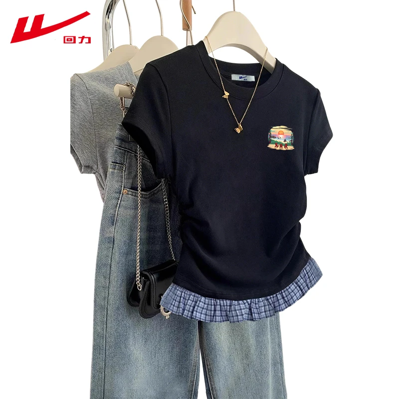 回力夏季印花格子拼接棉短袖T恤女修身新款短款辣妹多巴胺夏装