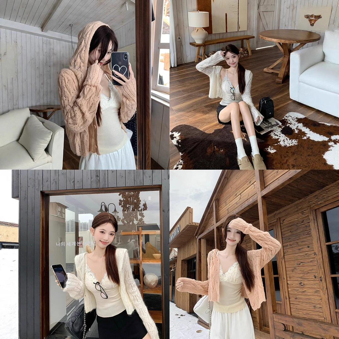 实拍~中古可露丽秋日绒感钩花针织连帽开衫毛衣+蕾丝吊带套装女装