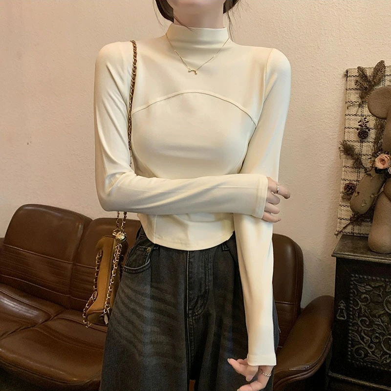 秋冬季新款半高领德绒内搭保暖黑色打底衫女洋气修身显瘦收腰长袖