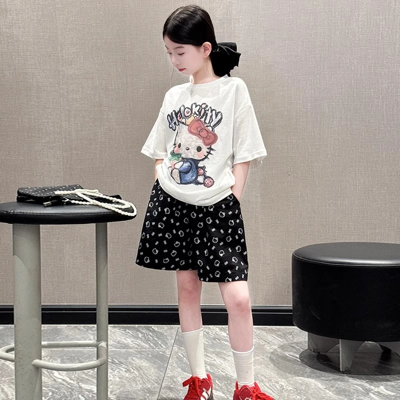 女童夏短裤套装2025新款洋气儿童白色卡通短袖T恤女大童衣服小孩