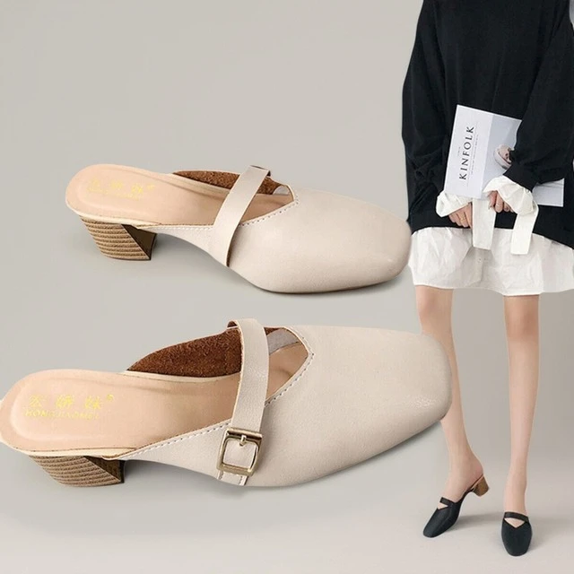 小码穆勒鞋女2025新款春季粗跟方头包头半拖外穿韩版时尚高跟凉拖