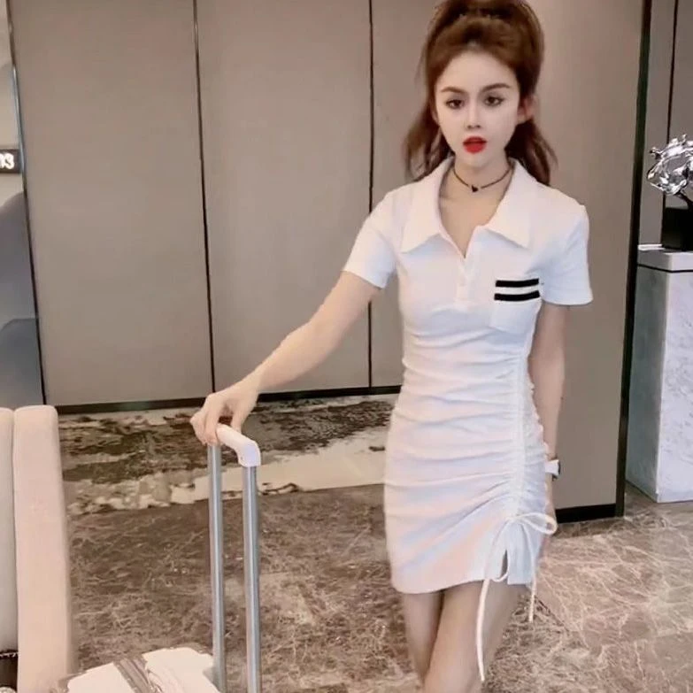 2024夏季新款polo领连衣裙收腰显瘦抽绳小个子辣妹包臀遮肚短裙子