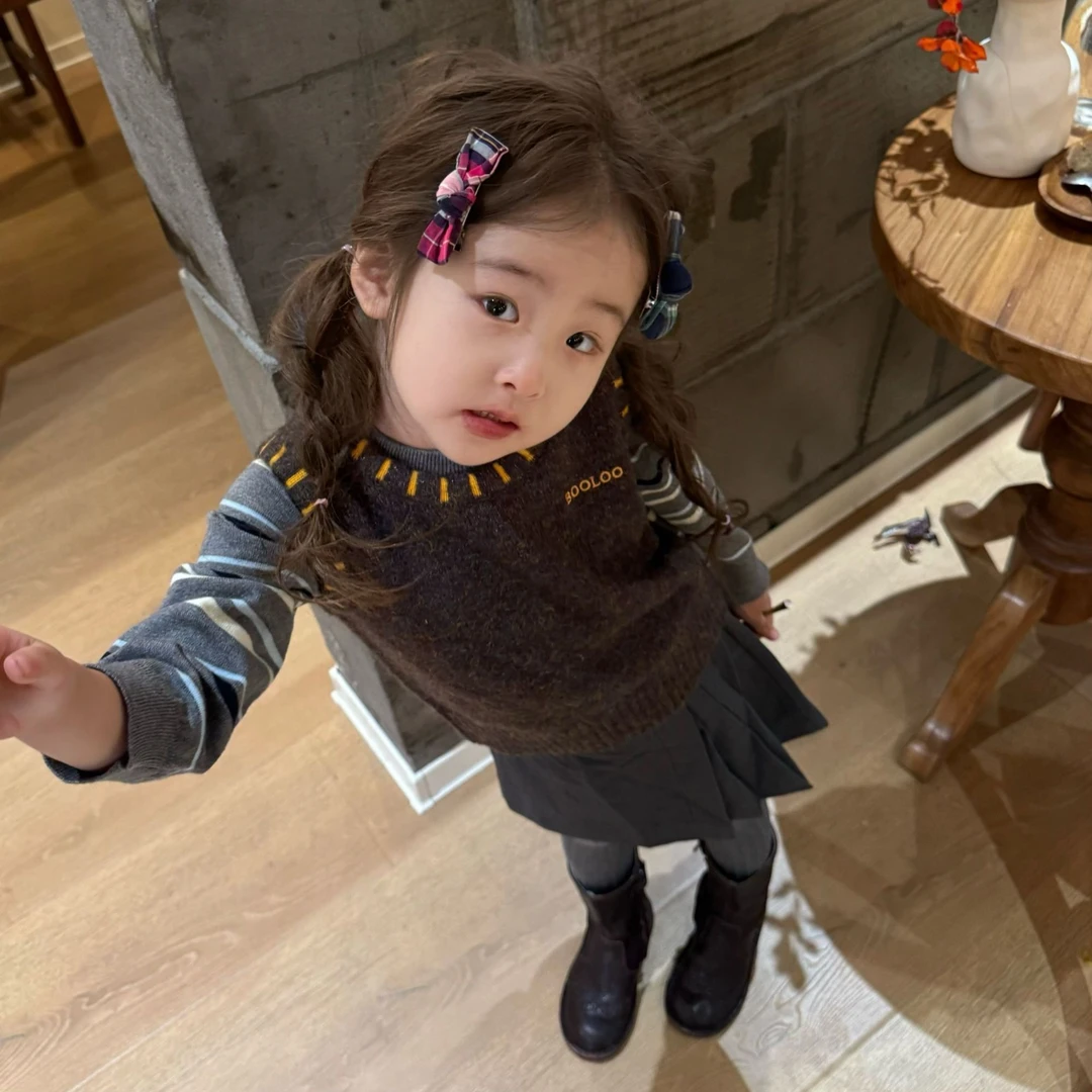 壹妈韩范童装女童时尚套装秋季新款洋气儿童长袖上衣针织背心半裙
