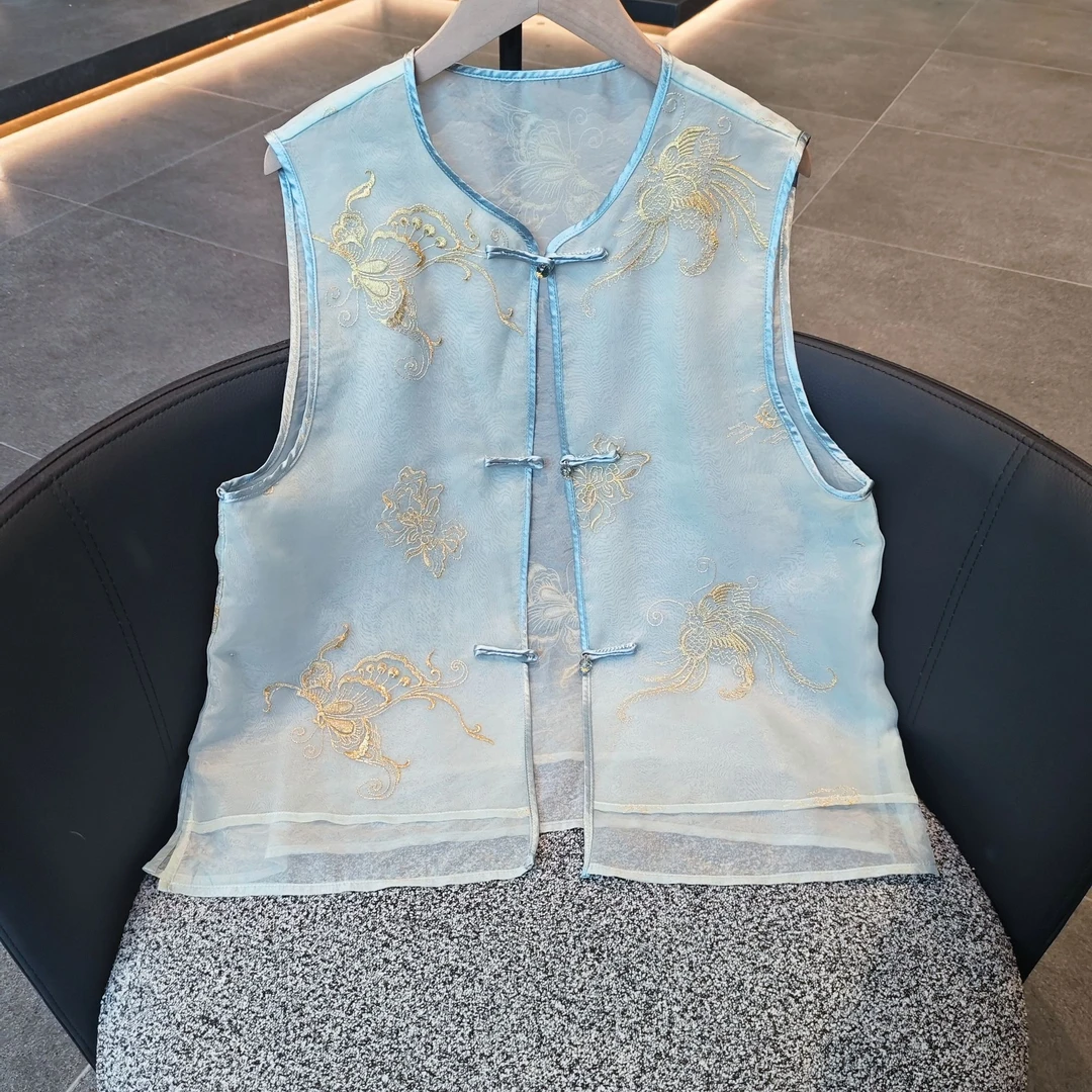 【瑾玉】夏季新款马甲新中式宽松圆领网纱绣花上衣马夹女款