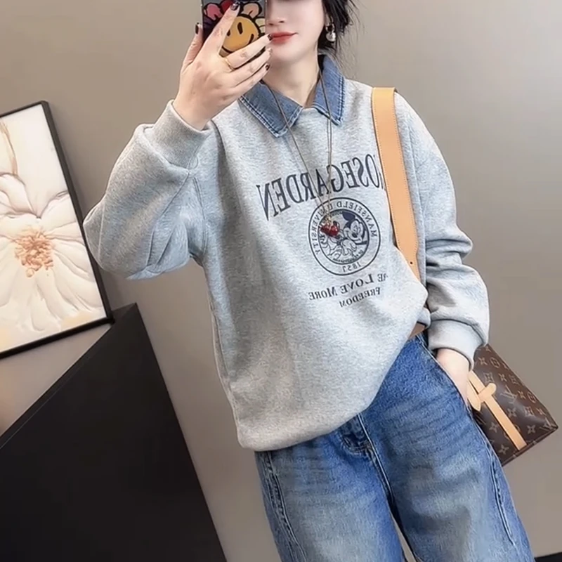 休闲印花长袖卫衣女2025秋冬新款大码时尚外穿牛仔拼接假两件上衣