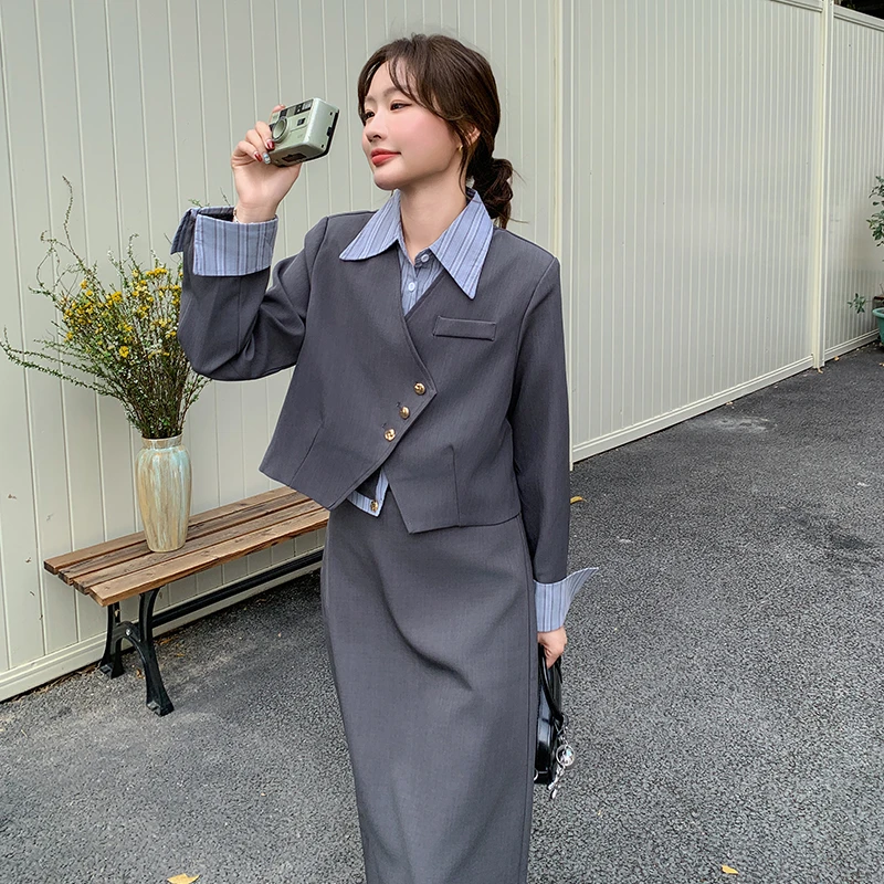 条纹拼接西装上衣半身裙两件套女2025年春秋新款时尚气质通勤套装