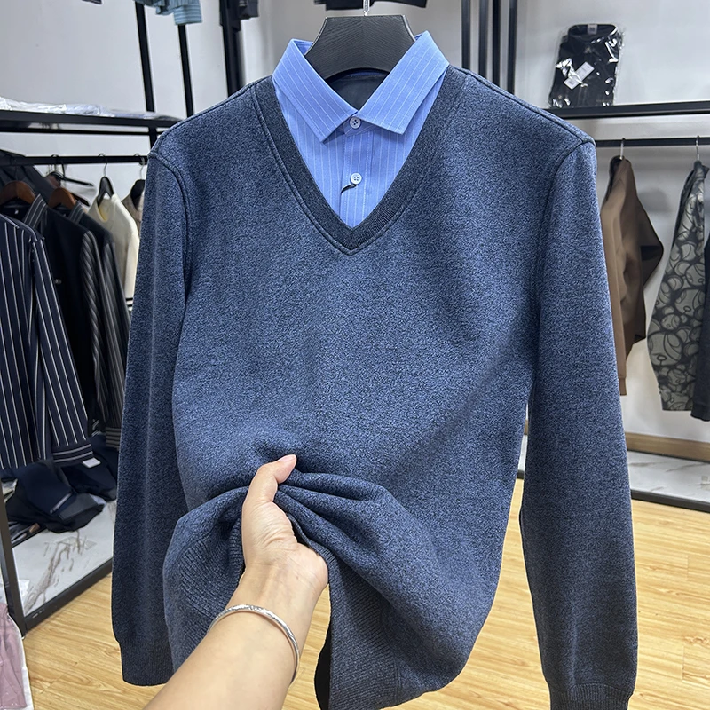 商务通勤保暖休闲衬衫领假两件针织衫秋冬套头毛衣 Y5T1871