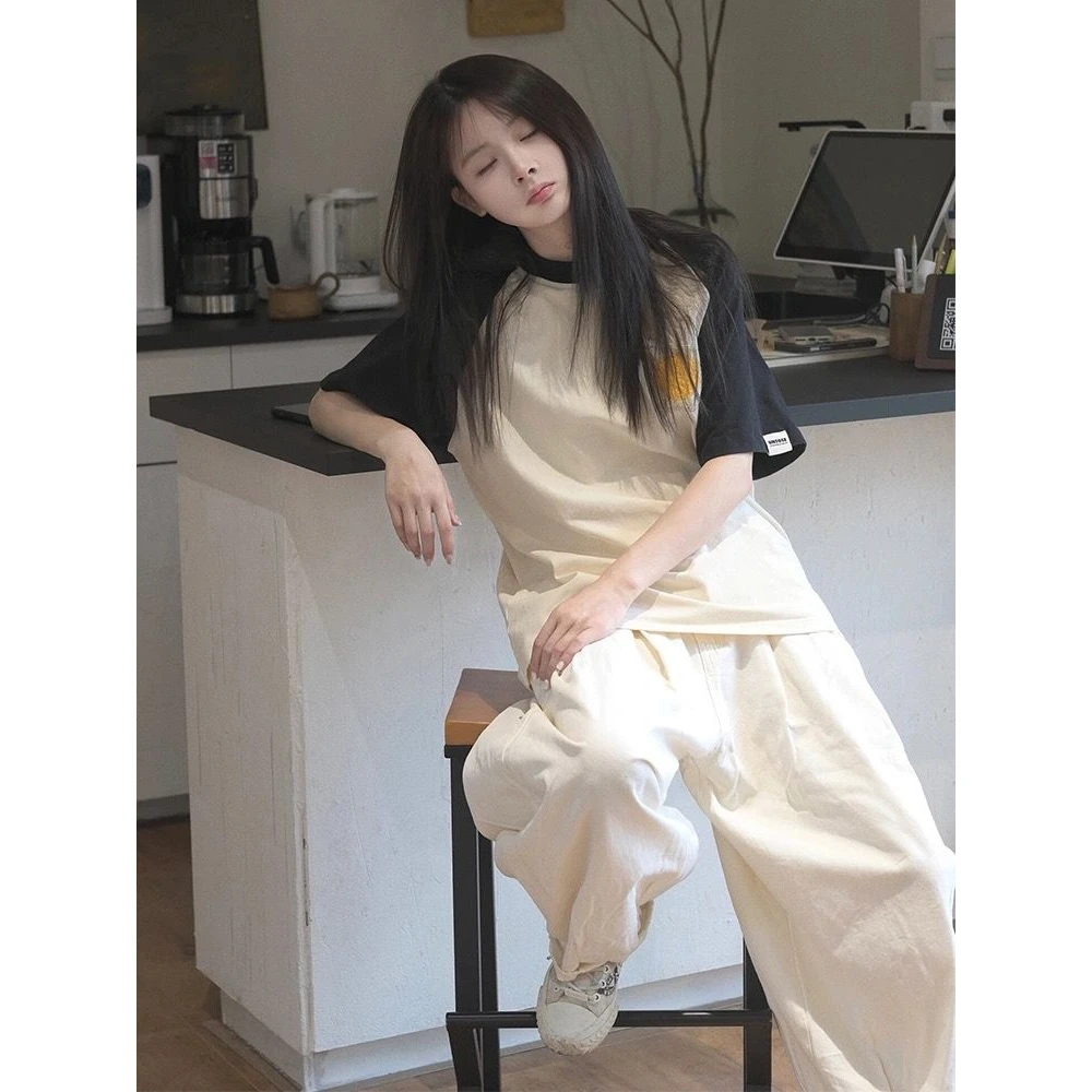 运动服套装女夏季ins潮学生韩版宽松时尚盐系短袖长裤休闲两件套