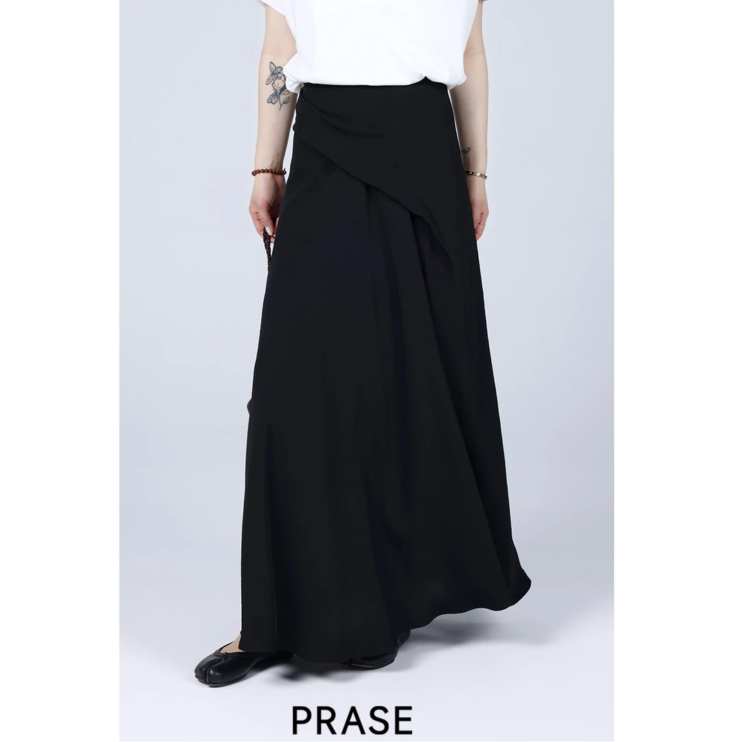 PRASE-VIP回馈-杨【夜的黑】微胖轻奢夏时尚黑色前褶半身裙PR504B89