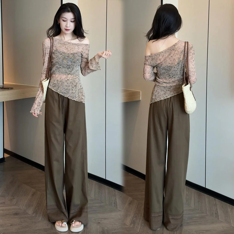 拉夏贝尔时尚套装女2025秋款不规则长袖上衣阔腿裤气质两件套