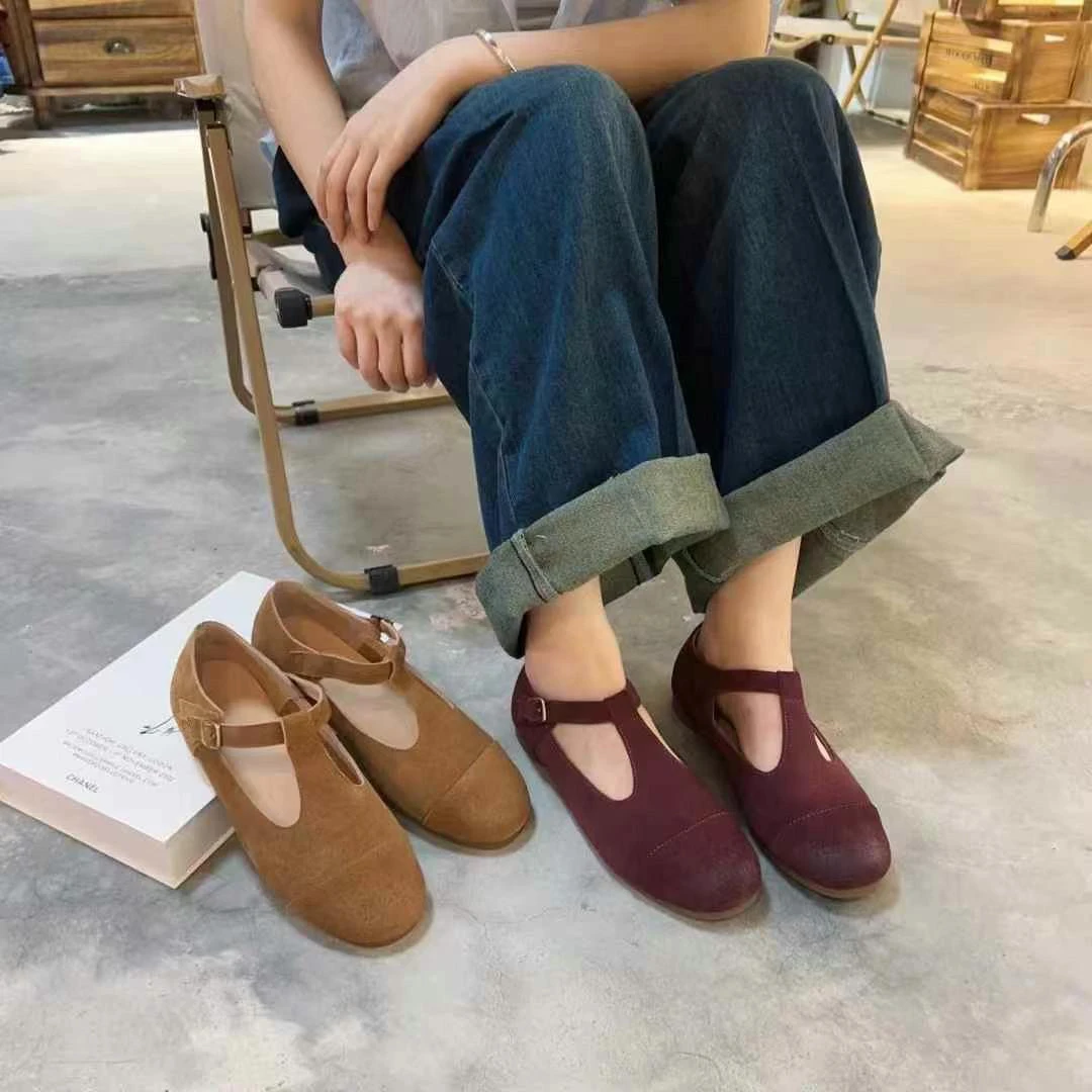 7605-11复古圆头平底粗跟包头低跟皮鞋软底浅口
