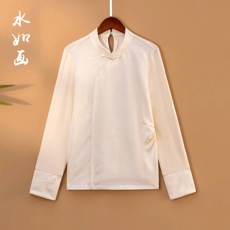 【盈竹】春季2025新款上衣小衫女装新中式国风立领提花拼接长袖衬衫