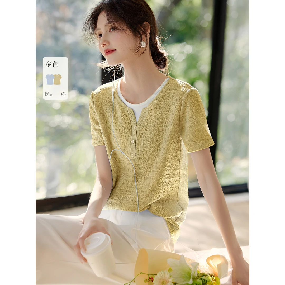 XWI/欣未【拼接美学】2025夏新款知性假两件褶皱肌理短袖T恤7077