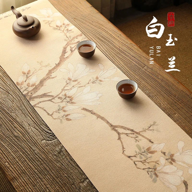 新中式禅意玉兰花双面防水茶席桌旗茶垫高端茶席轻奢国风茶台桌布