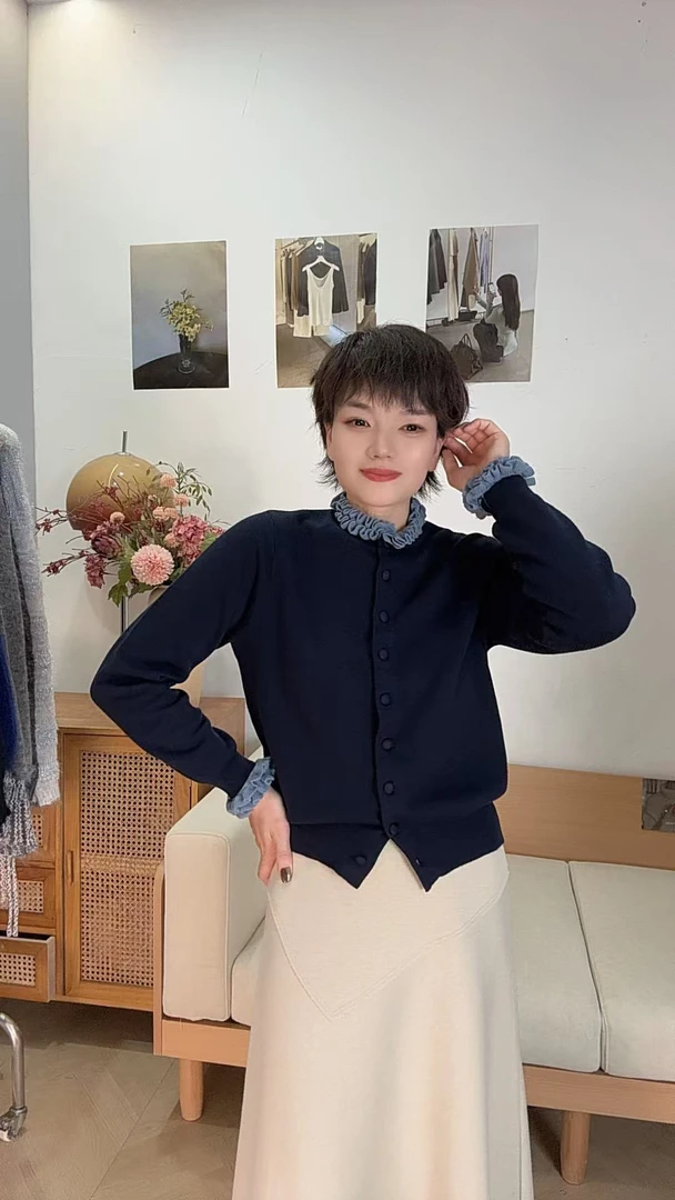 兰嫣｛千金玛奇朵｝法式设计师香风桑蚕丝羊毛花边长袖针织开衫