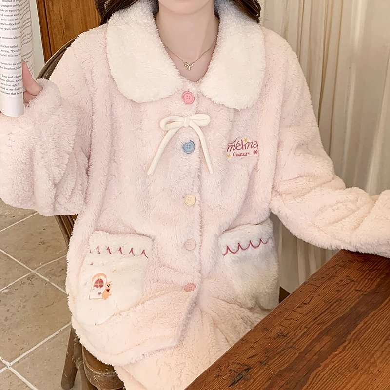 秋冬季提花法兰绒家居服套装加绒加厚珊瑚绒保暖长袖睡衣女可外穿