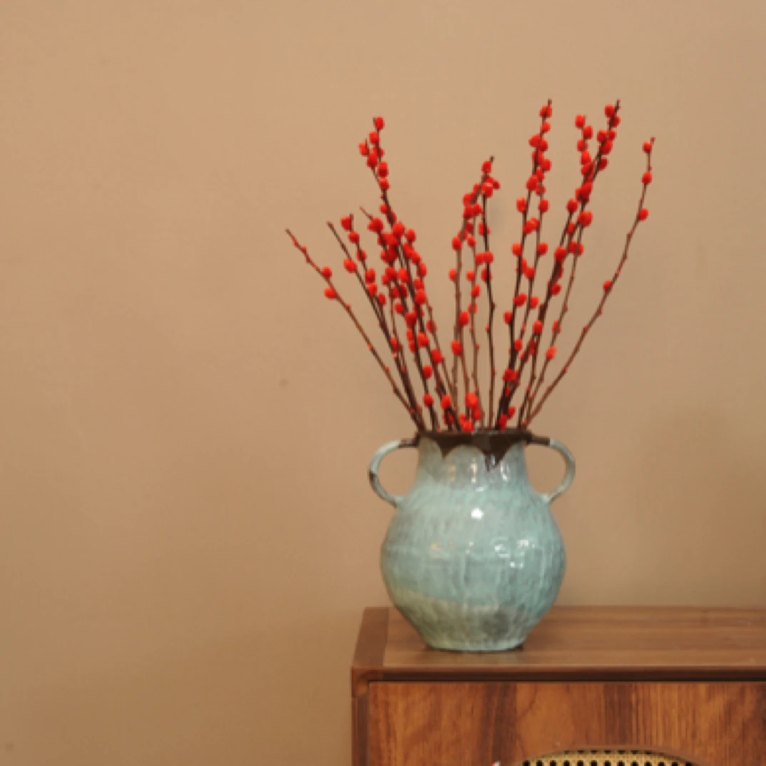 景德镇手作艺术感花瓶（天青流釉双耳）