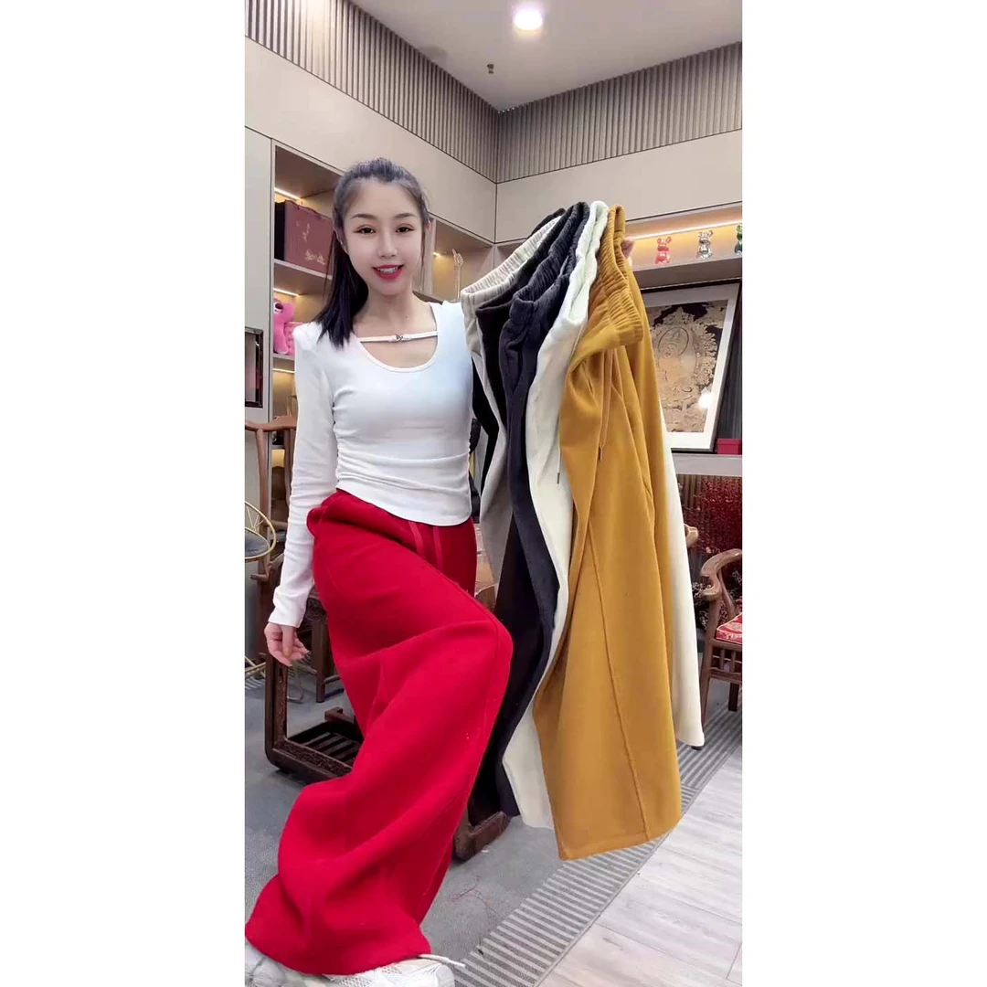 冬季新款宽松休闲百搭松紧腰抽绳净版纯色阔腿裤