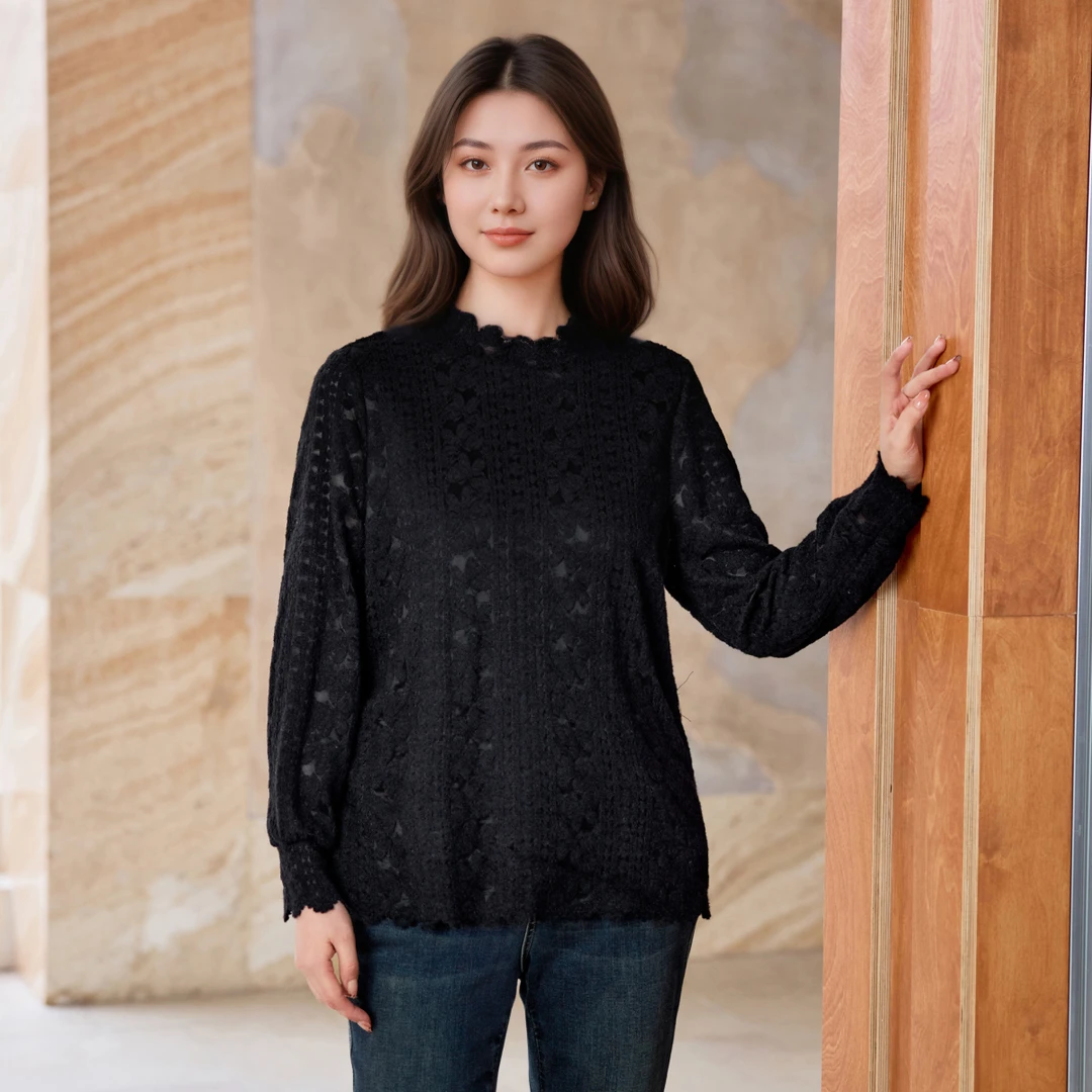【磨毛提花蕾丝衫】MsShe大码女装2025秋冬半高领打底衫女M2510089