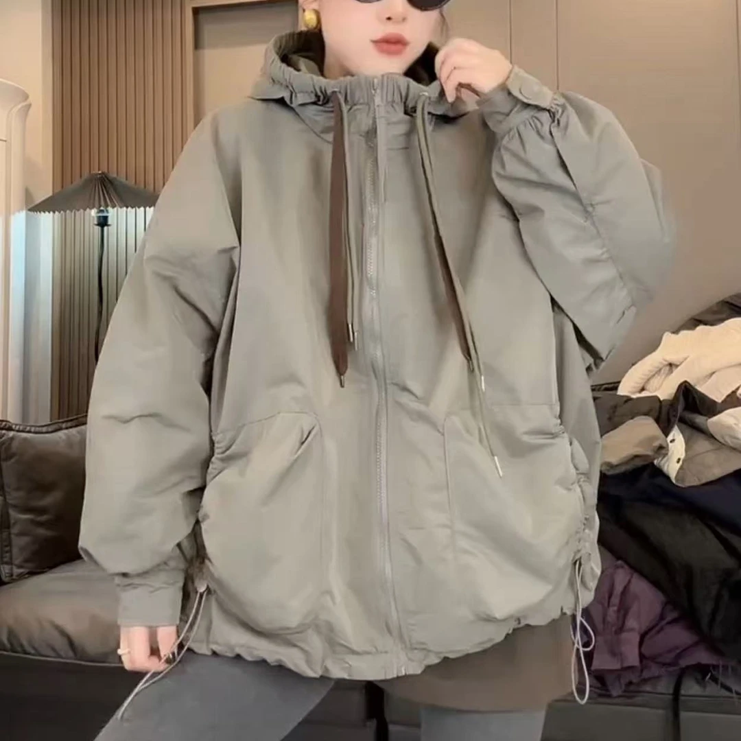 艾塔莉显瘦夹棉外套秋冬新款棉衣保暖时尚百搭女连帽款宽松中长款