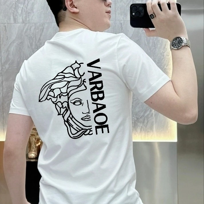 欧货潮牌美杜莎字母印花纯棉凉感短袖男士修身半袖体恤t恤上衣