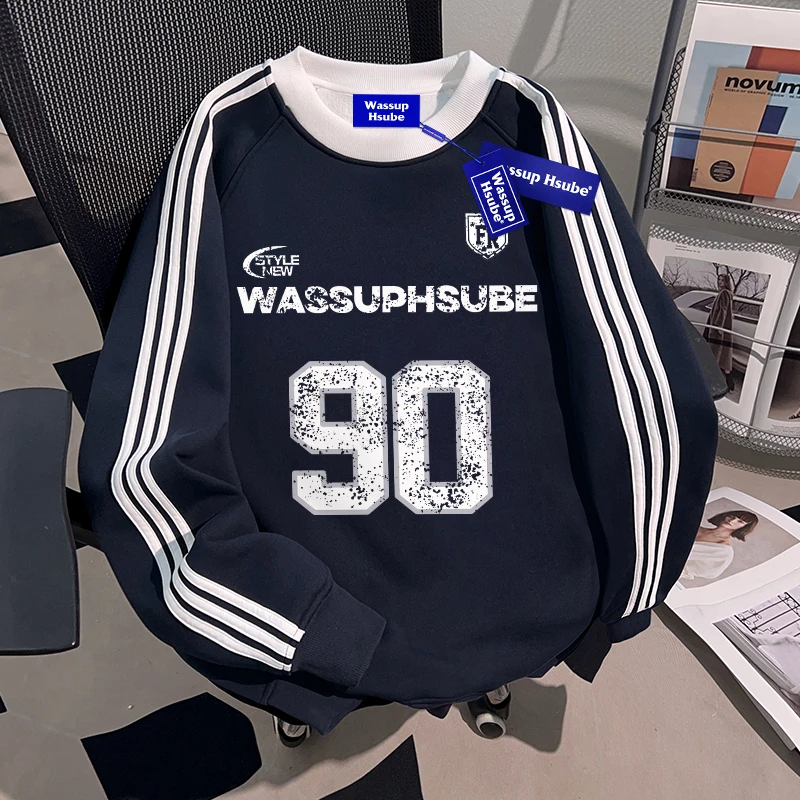 WASSUP HSUBE重磅印花字母圆领套头长袖卫衣男生2025新款宽松外套