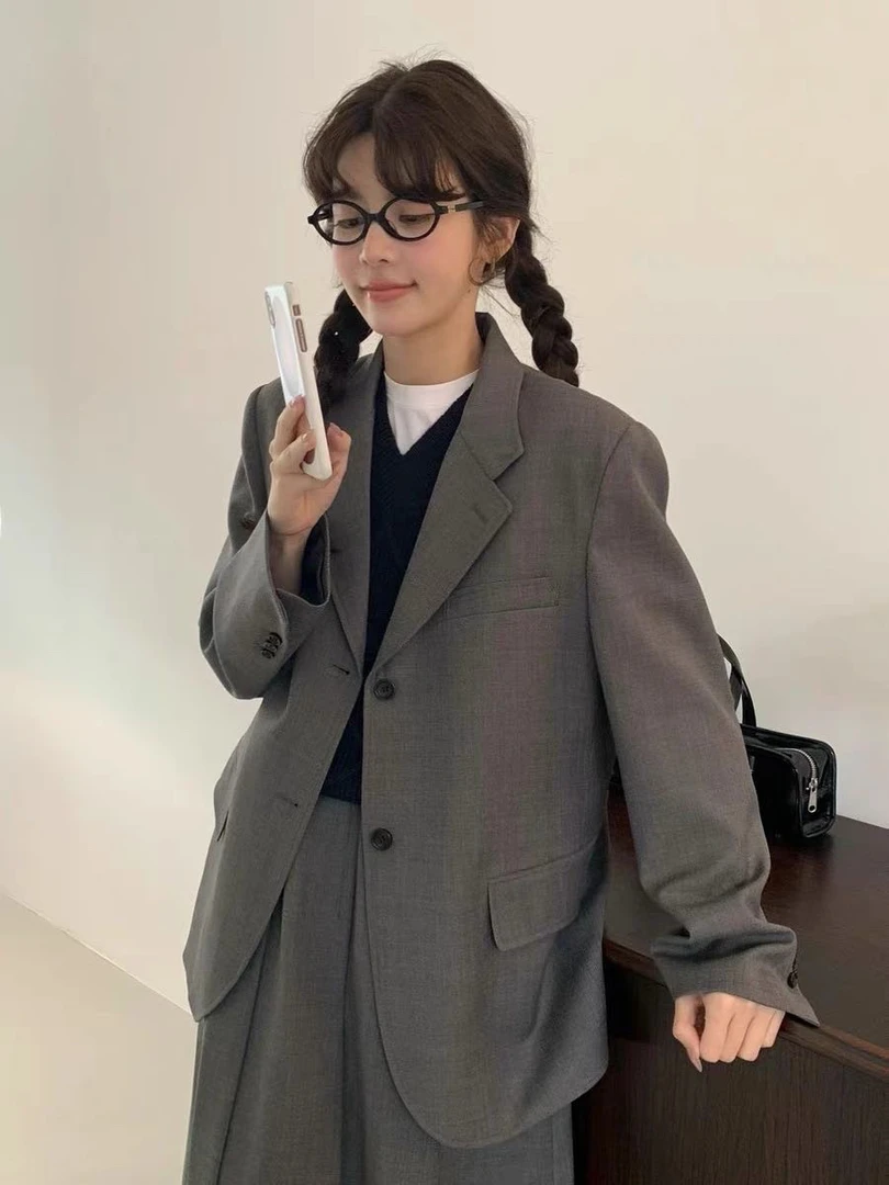 韩系简约风西服短外套休闲百搭上衣气质通勤纯色基础款西服外套