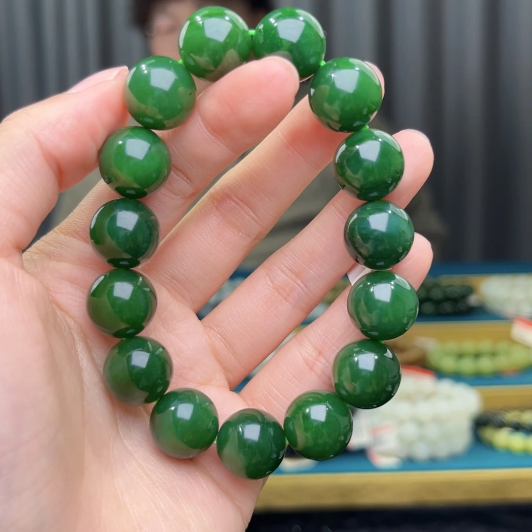和田玉未镶嵌手串天然和田玉俄碧菠菜绿14