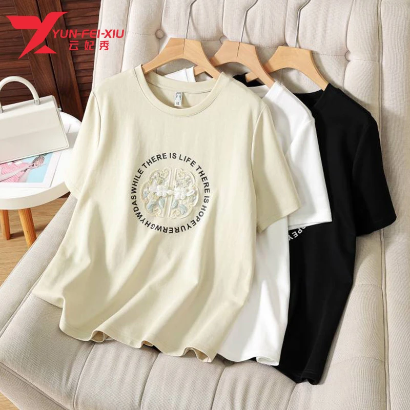 云妃秀大码女装T恤圆领时尚简约拼接胖妹妹图案减龄显瘦夏季21106