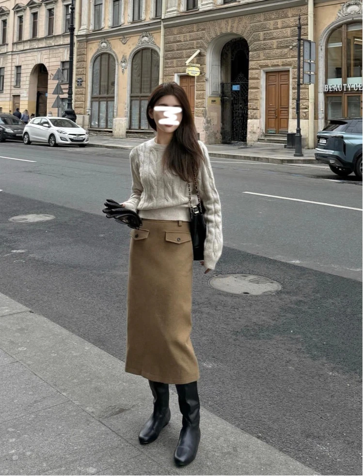 韩系时尚套装麻花长袖针织衫毛衣女装秋季新款后开叉半身裙两件套