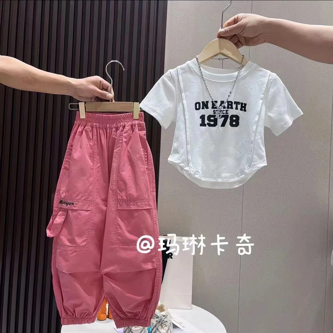 女童夏装套装薄款童装洋气休闲套装夏款工装风数字中大童短款时尚