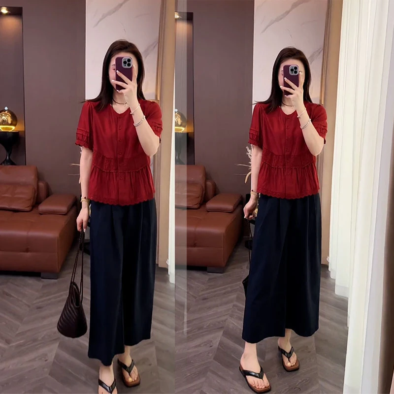 夏季穿搭一整套时尚拼接花边短袖衬衫上衣休闲九分裤夏季爆款套装