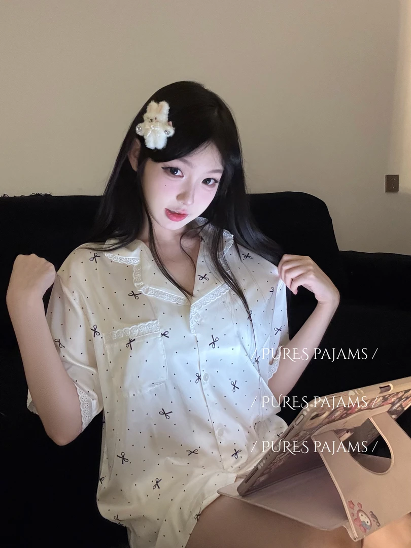 PURES【Miu系甜心】新款春秋款蕾丝简约波点长袖睡衣套装少女家居服