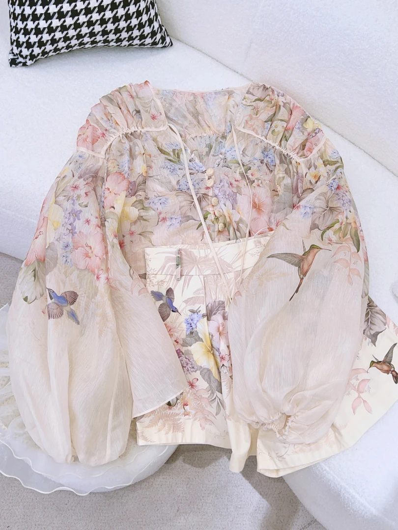 琳心丨莫奈花园丨春季新款气质国风碎花泡泡袖长袖衬衣套装 3313