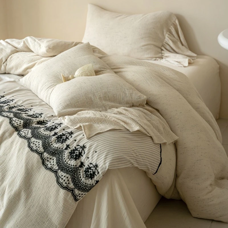 简约复古风棉麻混纺四件套春夏新款透气法式亲肤田园全棉床上用品