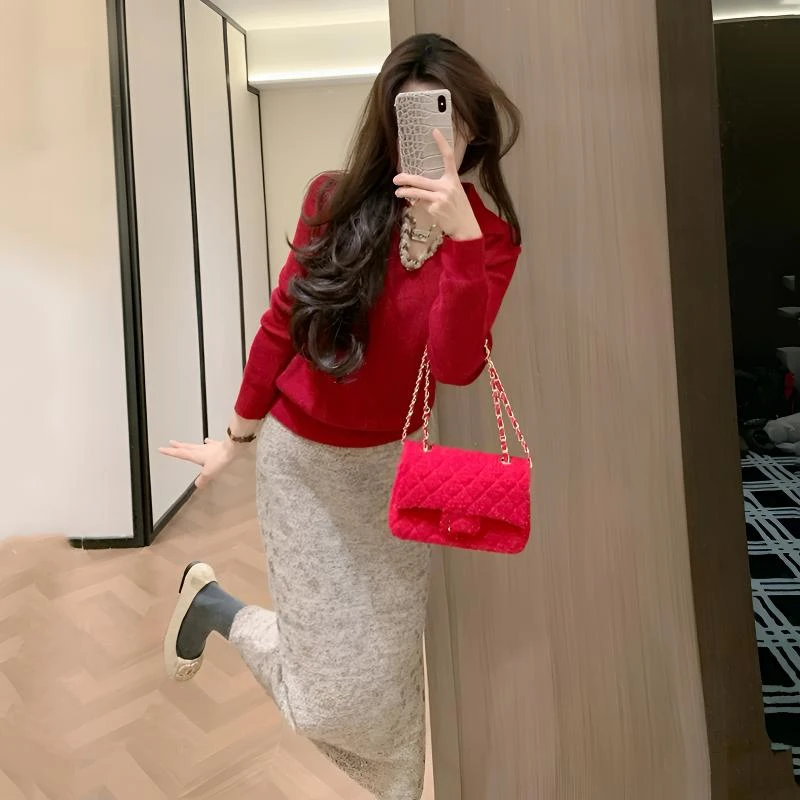 2026新年款红色V领针织上衣搭半身裙套装大气简约风气质